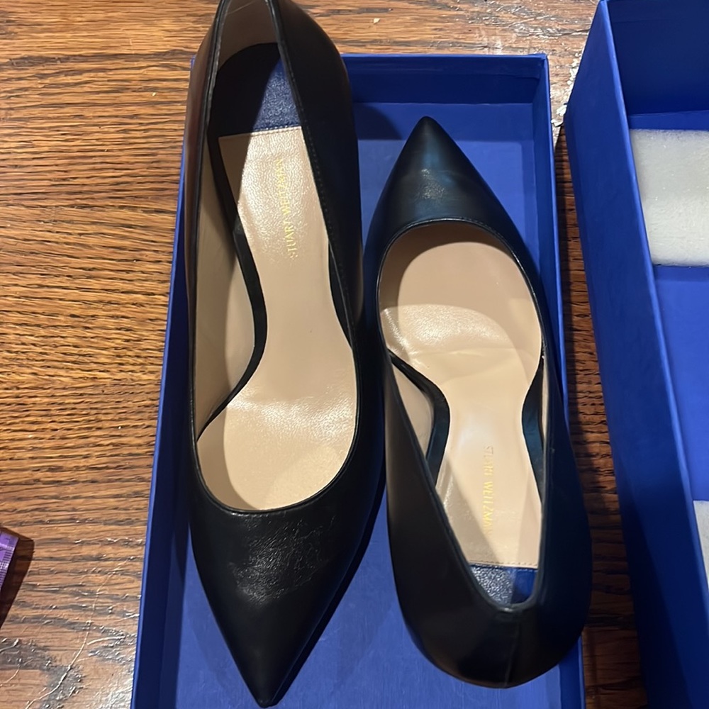 Stuart Weitzman Tippi 70 black leather heels.